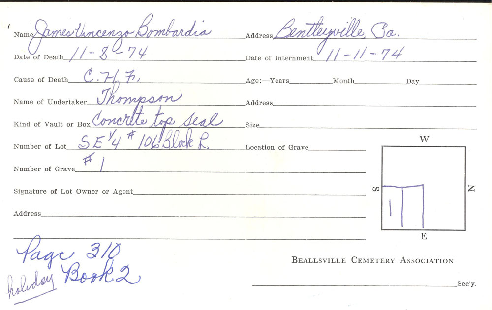 James Vincenzo Bombardia burial card